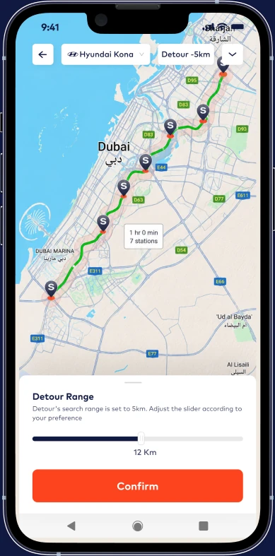 Statiq app — route planner with charging stops along Dubai Marina
