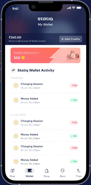 Statiq app — wallet balance and charging session history